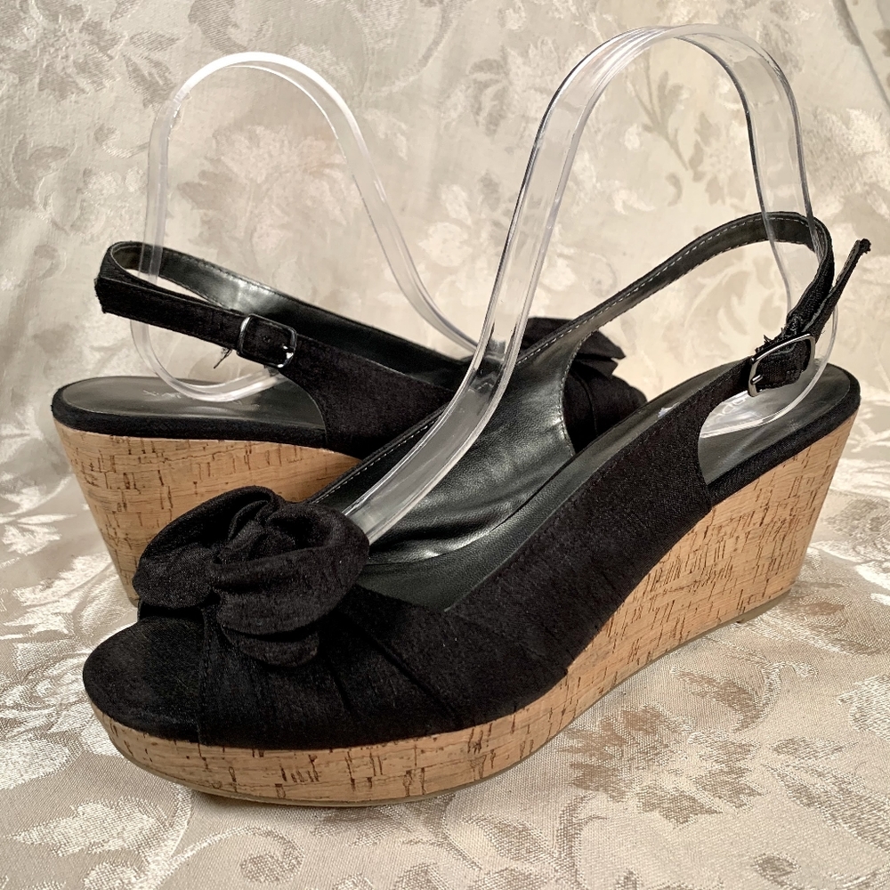 Xappeal Black Satin Peeptoe Wedge with Flower